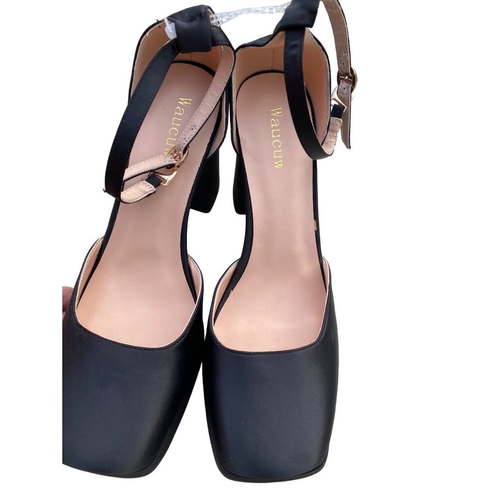 Waucuw Womens Black Square Toe Platform Heel Shoes Size 41